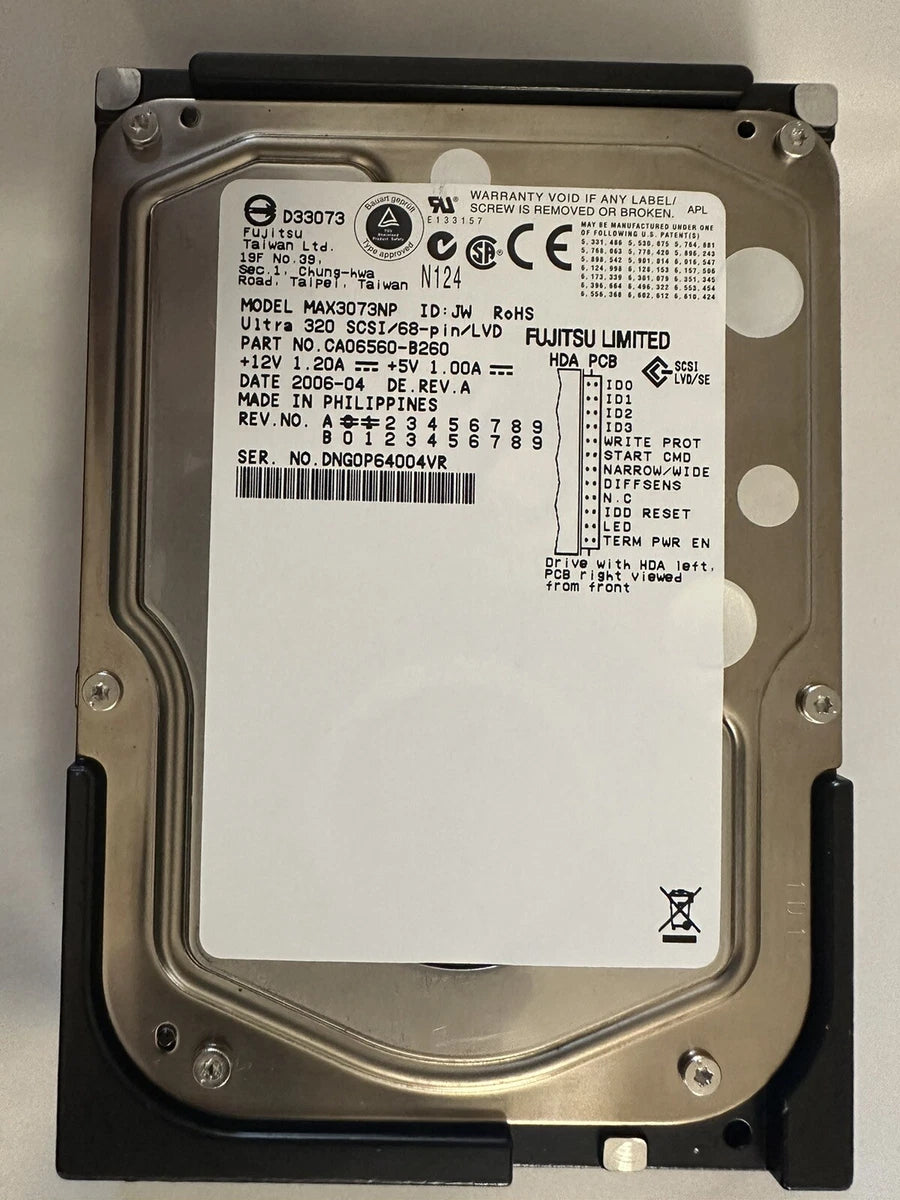 Fujitsu MAX3073NP 73GB 68 Pin 15K RPM Wide SCSI  CA06560-B260 Low Power on Hours|156329970814
