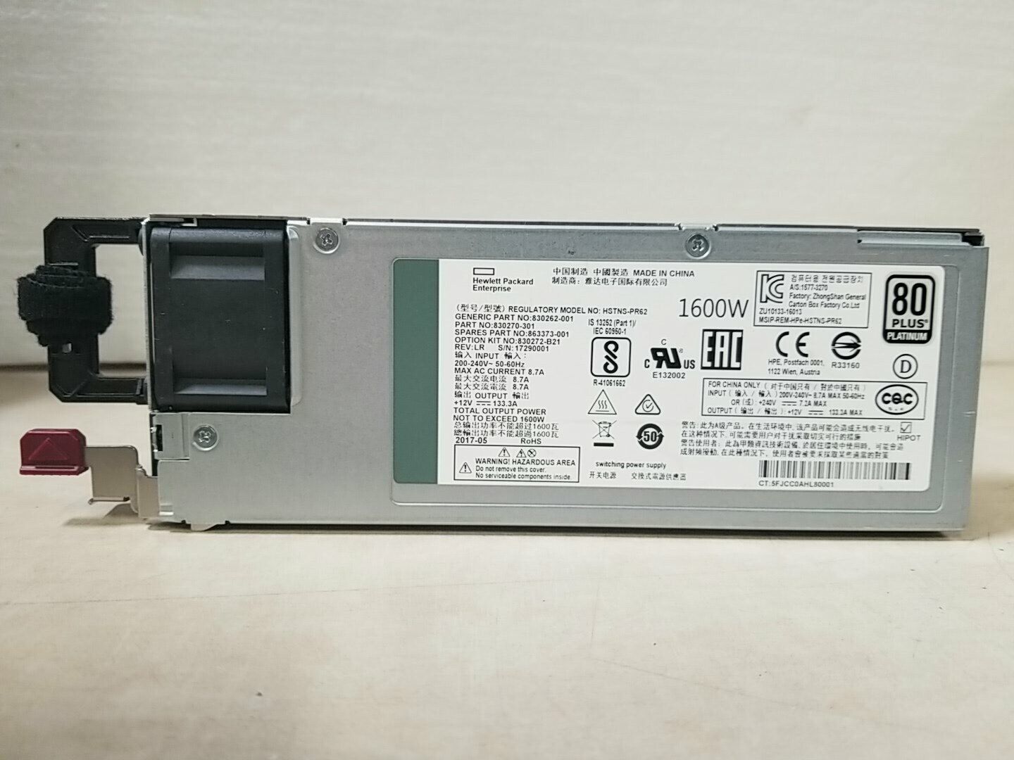 HP POWER SUPPLY 1600W PLATINUM 96% EFFICIENCY FOR DL360 DL380 G10 HSTNS-PR62-HP