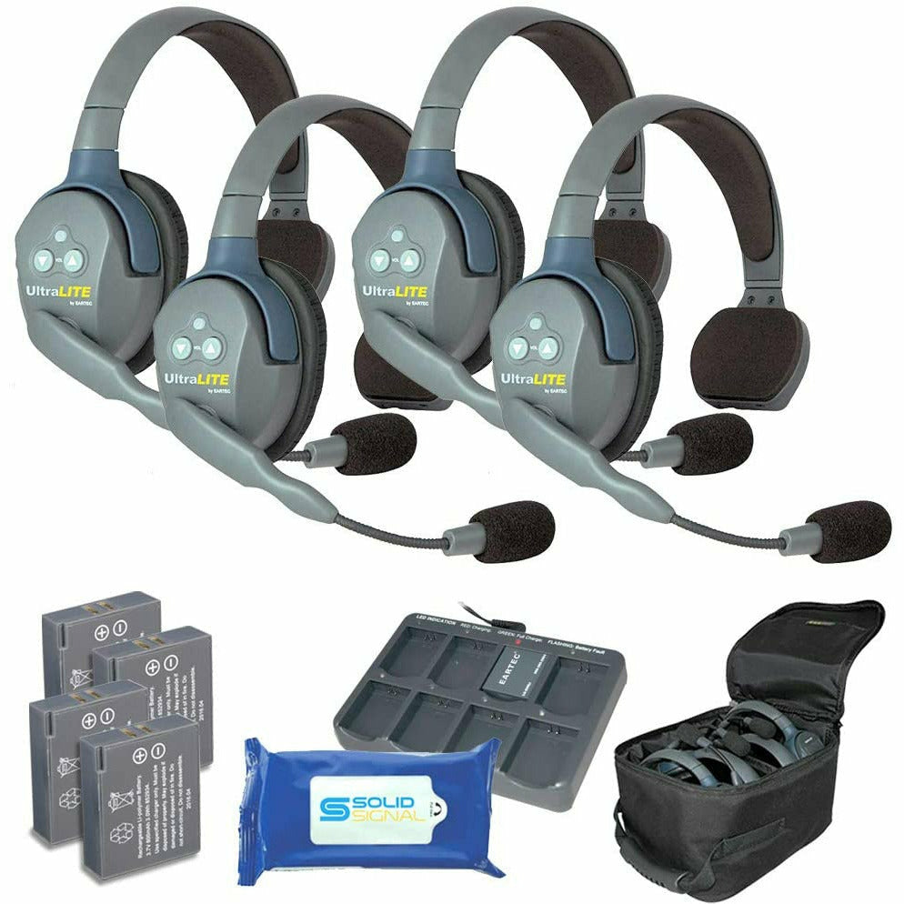 Eartec UL4S Ultralite Full Duplex Wireless Headset Communication for 4 Users - 4 Single Ear Headsets with Solid Signal Cleaning Wipes Bundle - MFerraz Tecnologia