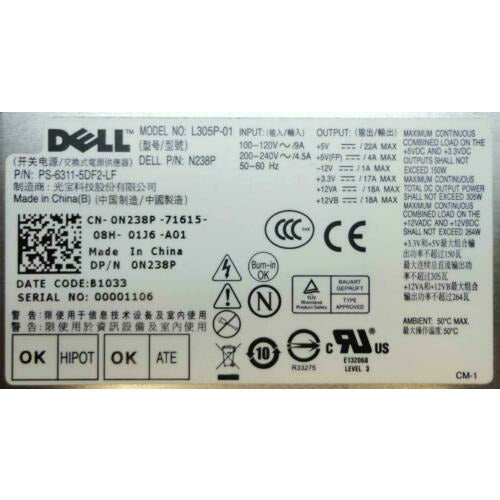 Fonte Dell 305W Alimentation Électrique Unité / L305P-01 PS-6311-5DF2-LF N238P 0N238P - MFerraz Tecnologia