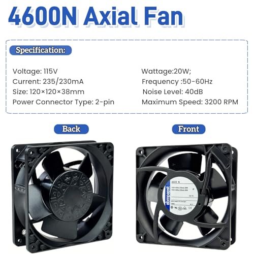 for ebmpapst 4600N Axial Fan，115V 12038 Industrial Cooling Fan All-Metal Heat-Resistant Cooling Fan 4600N, 2-Pin 20W|B0DSPYNCPH