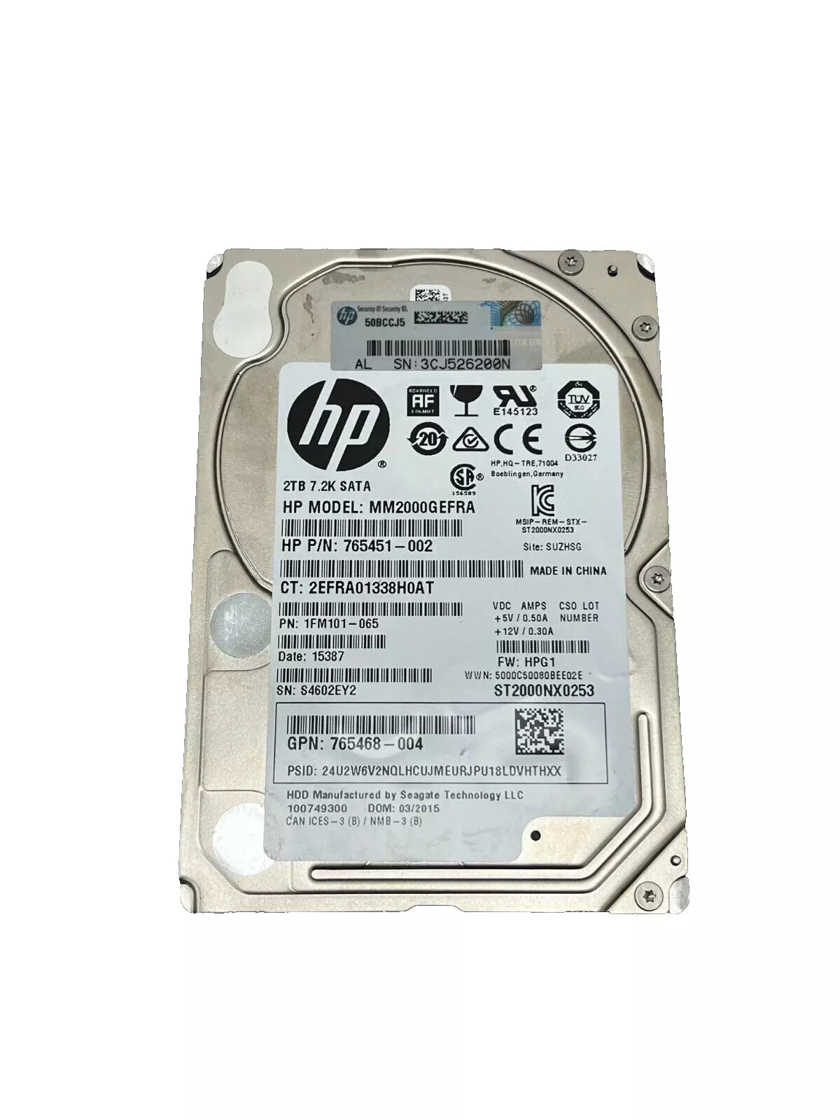 HP 2TB SATA HDD 2.5" 6G, 7.2K DRIVE 765468-004 MM2000GEFRA 765451-002