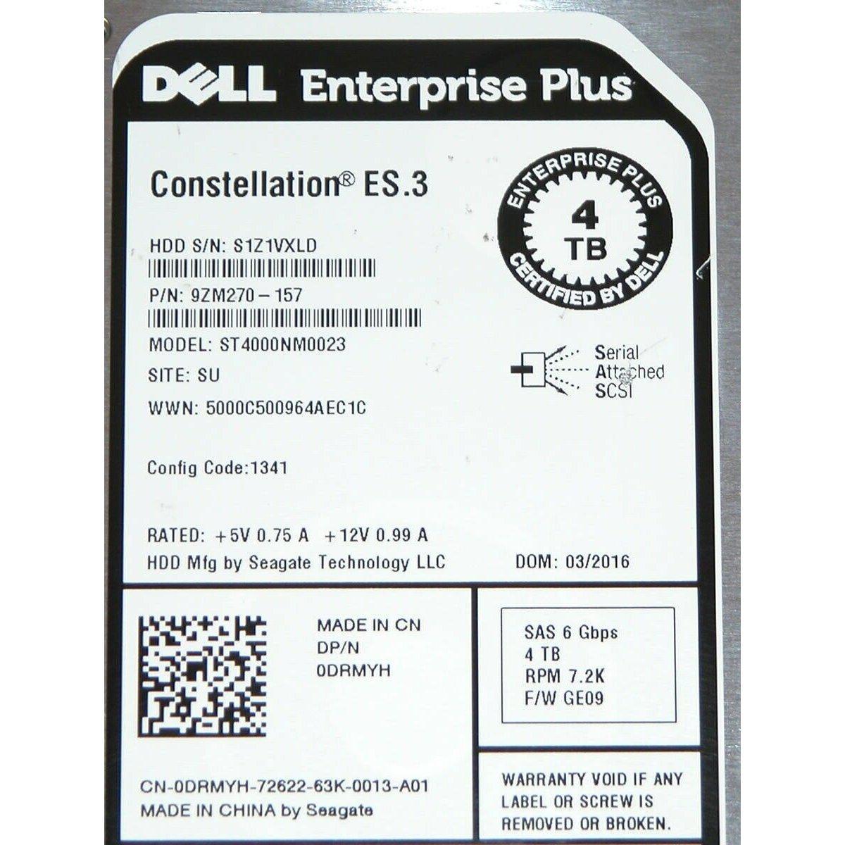 Dell DRMYH Seagate ST4000NM0023 4TB 7.2K 6GBPS SAS 3.5'' Hard Drive SC200 SC400-FoxTI