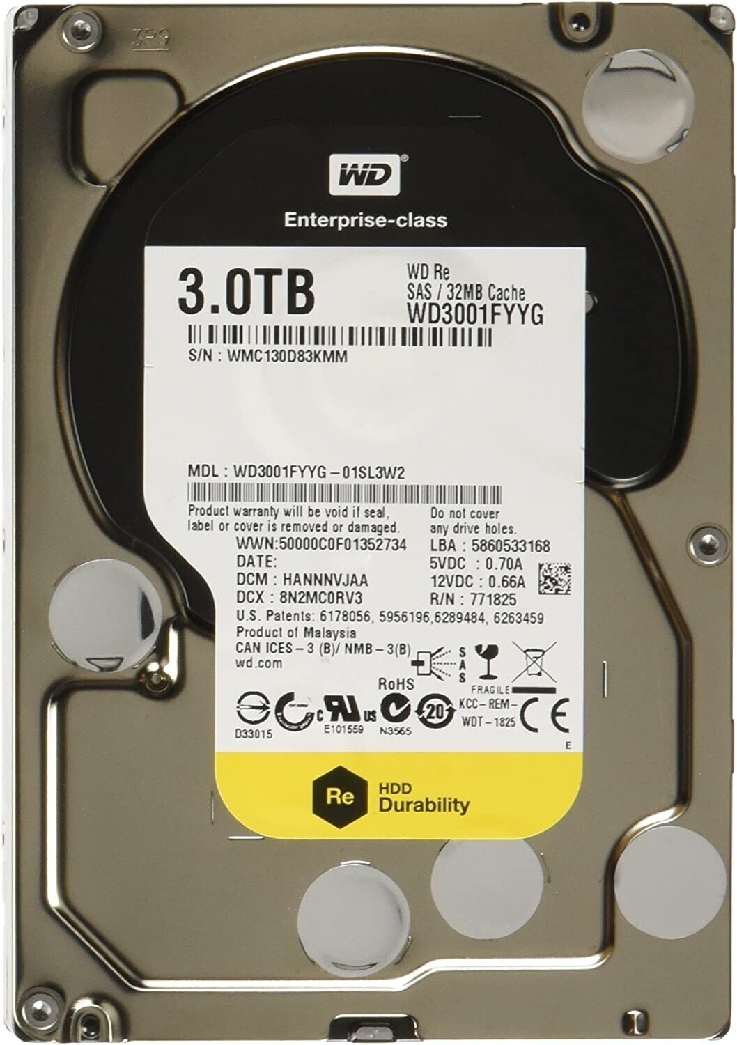 Disco Western Digital 3TB 3.5" Hard Drive RE WD3001FYYG 7200RPM 32MB Cache SAS 6Gb/s - AloTechInfoUSA