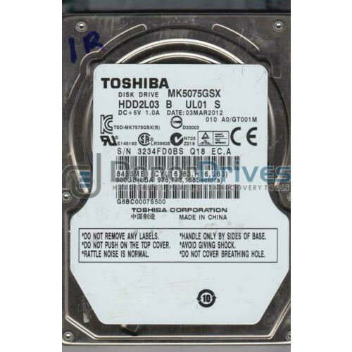 MK5075GSX, A0/GT001M, HDD2L03 B UL01 S, Toshiba 500GB SATA 2.5 Hard Drive disco - AloinfoUSA