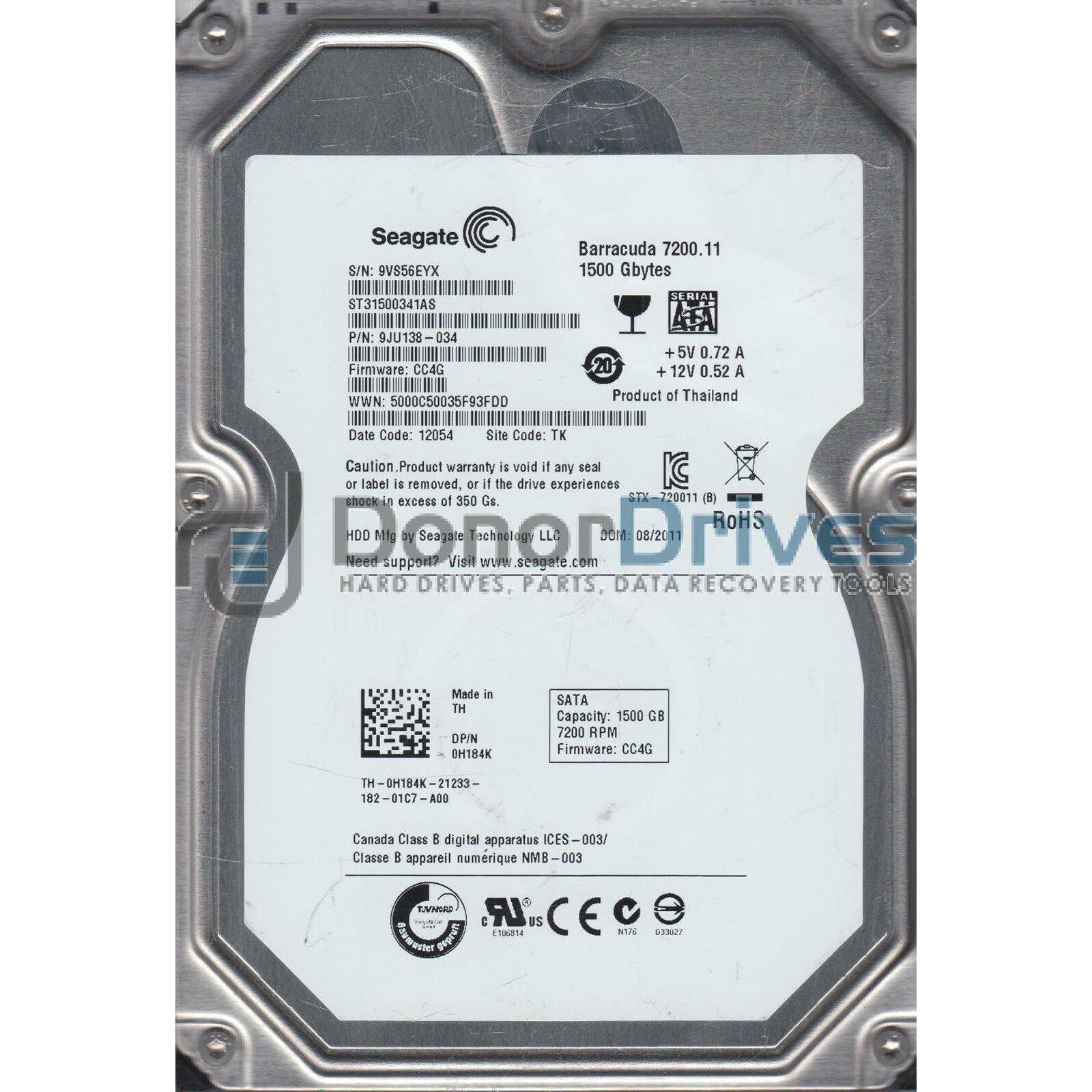 ST31500341AS, 9VS, TK, PN 9JU138-034, FW CC4G, Seagate 1.5TB SATA 3.5 Hard Drive-FoxTI