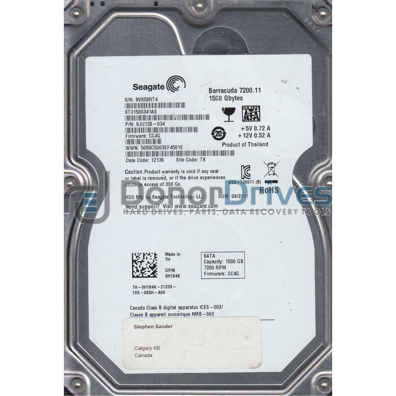 ST31500341AS, 9VS, TK, PN 9JU138-034, FW CC4G, Seagate 1.5TB SATA 3.5 Hard Drive-FoxTI